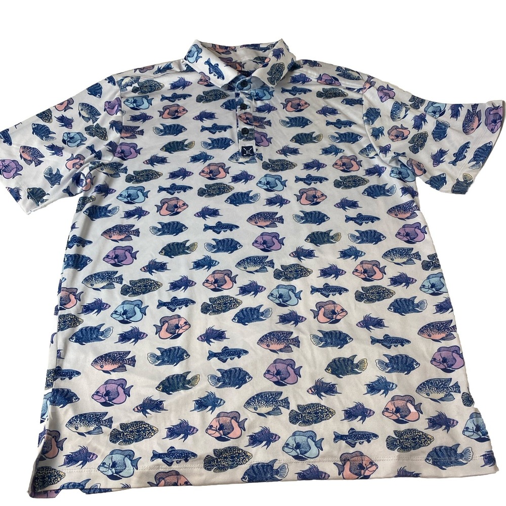 ConStruct Polo Shirt Mens Large Colorful Fish AOP Golf Performance quick dry